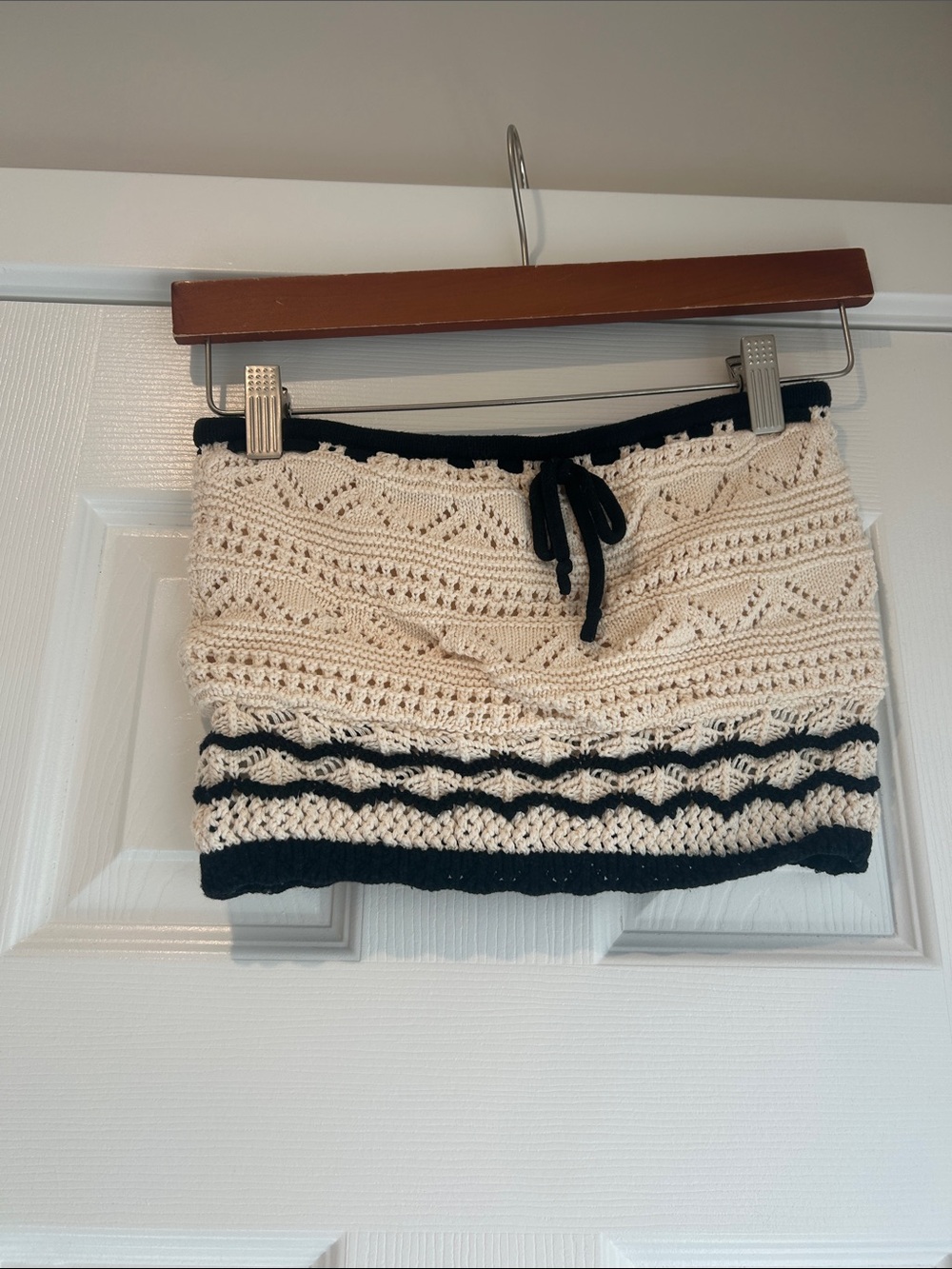 Crochet Knit Crop Top - Cream with Black Trim